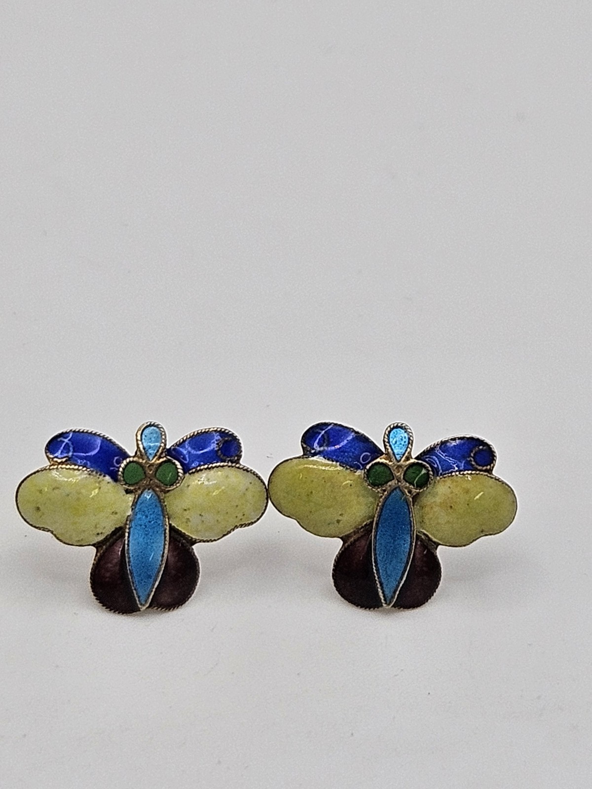 Vintage Thousand Flowers Enamel Cloisonne Sterling Silver Gold Finish Earrings