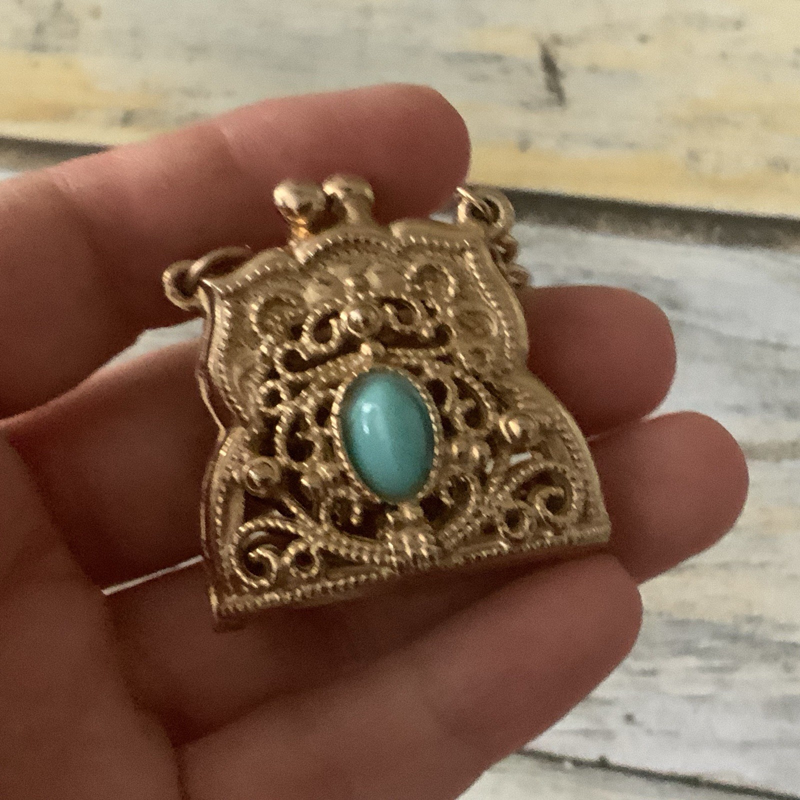 Vintage Small filigree Metal Purse charm with blue accent bracelet in gold tone