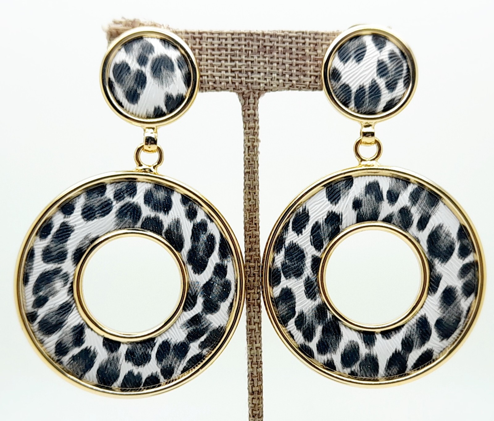 Vintage chunky Leather white & black Earrings Animal Print Leather Clip Earrings