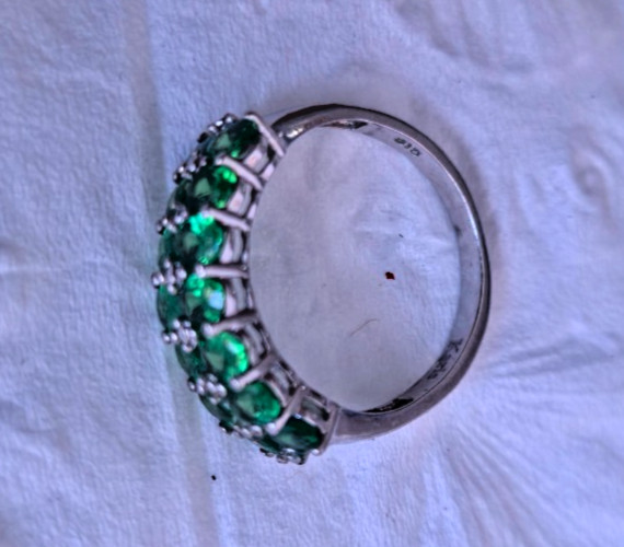 Vintage Signed Karis Sterling Silver Double Row Green Oval Stone Size 8 Ring