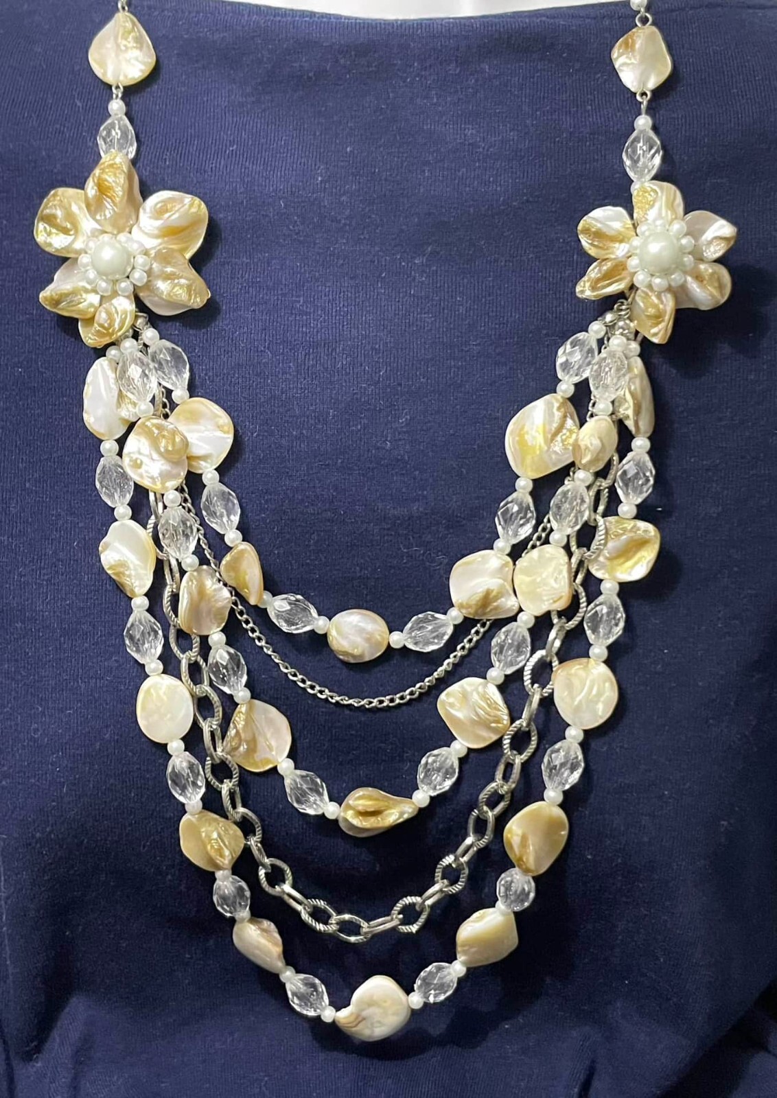 Seashell Statement Multi Strand Necklace Mother of Pearl Beads Flower Pendants