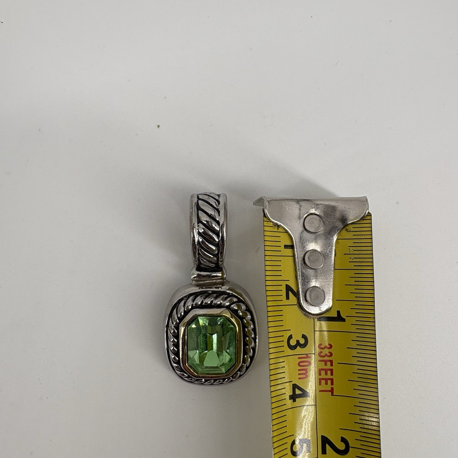 John Candice Green Gem Pendant Silver Tone Rope Border Mixed Metal Jewelry