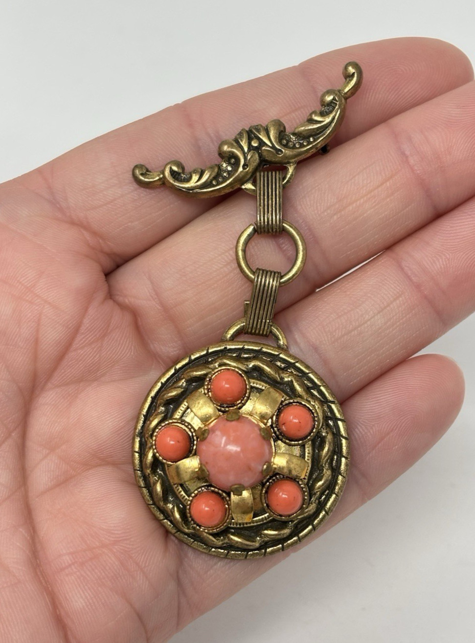 Vintage Etruscan Revival Style Book Chain Dangle Brooch Pin Faux Coral Cabochon