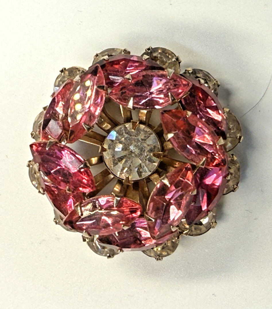 Vintage Pink Navette Rhinestone Domed Brooch Mid Century Gold Tone