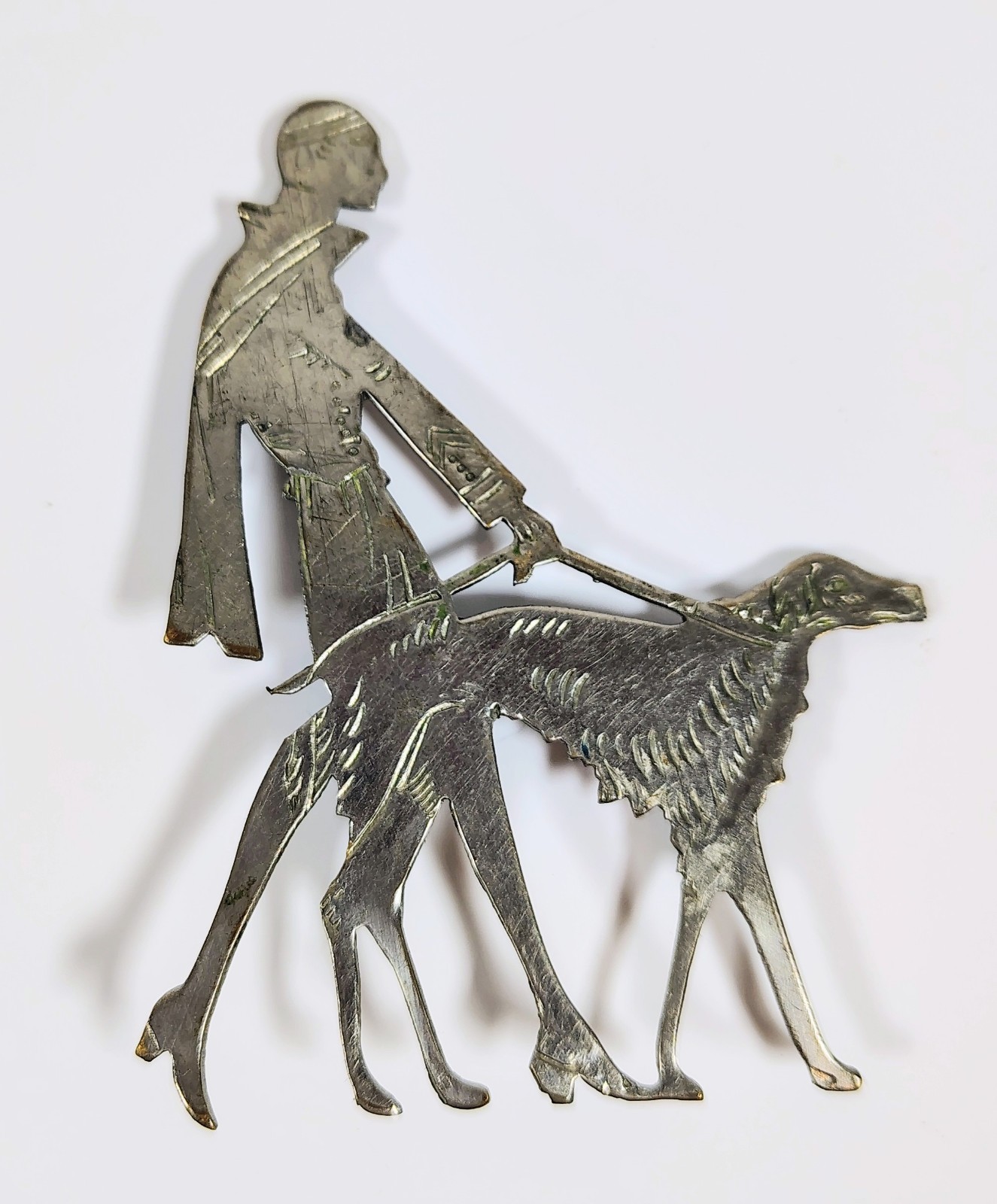 Vtg 1920s Vogue Art Deco Lady Walking Dog Brooch Pin Borzoi Antique Silver Tone
