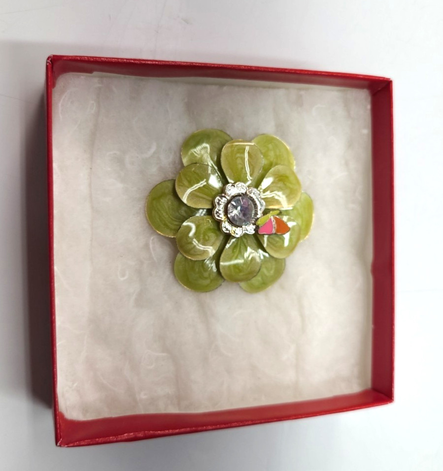 Vintage Lime Green Enamel Flower Broock w Tiny Butterfly
