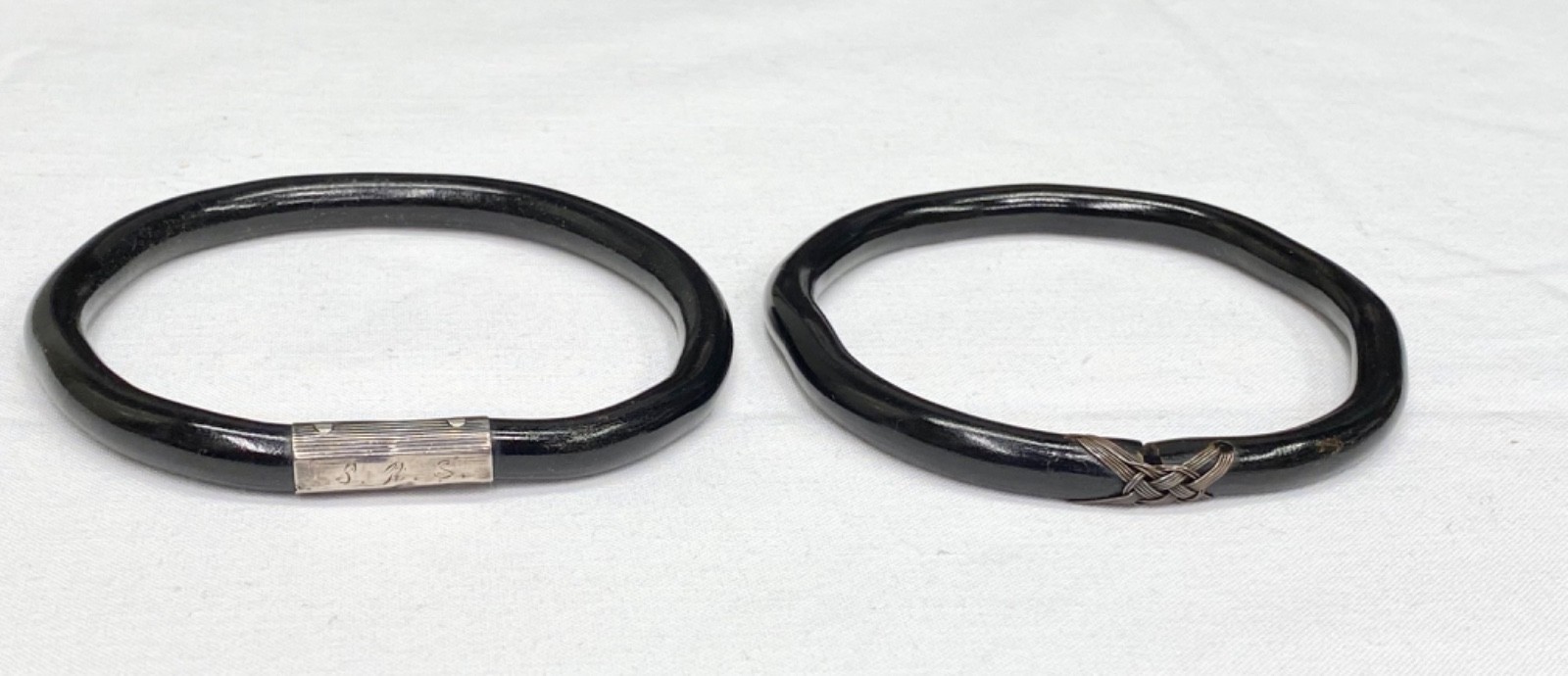 2 Vintage Hawaiian Black Coral Bangle Bracelet, 1 Copper , 1 Engraved Silver