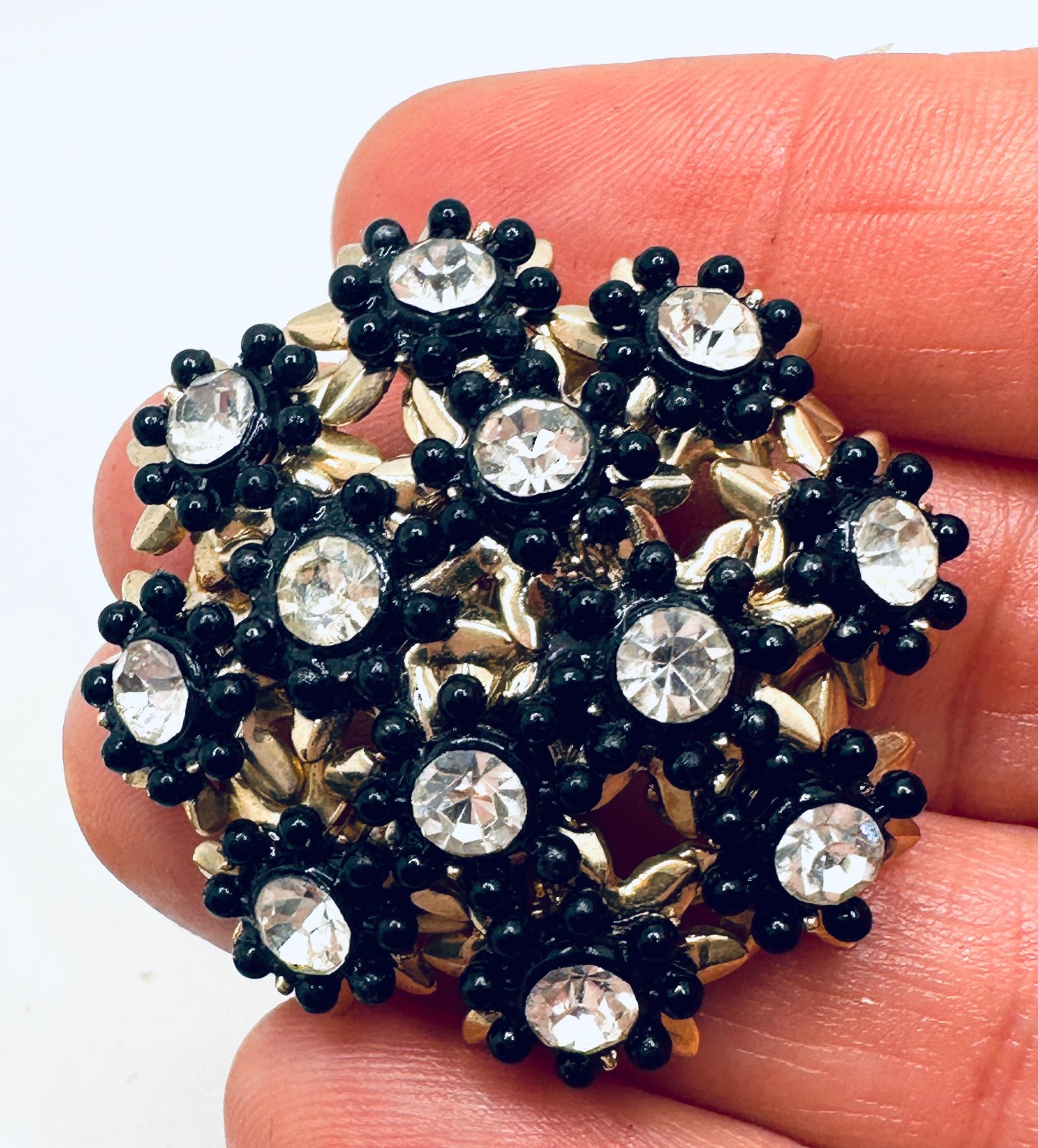 Lot 2 Vtg Chunky Black & Gold Tone Rhinestone Clip Earrings Swedged, Leather 80s