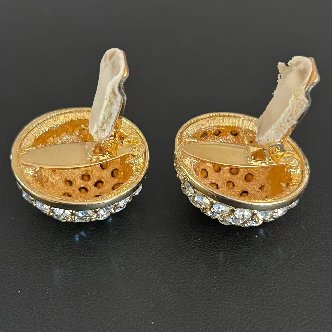 Vintage 1980s Gold Tone Pave Rhinestone Dome Clip On Earrings Snowball Statement