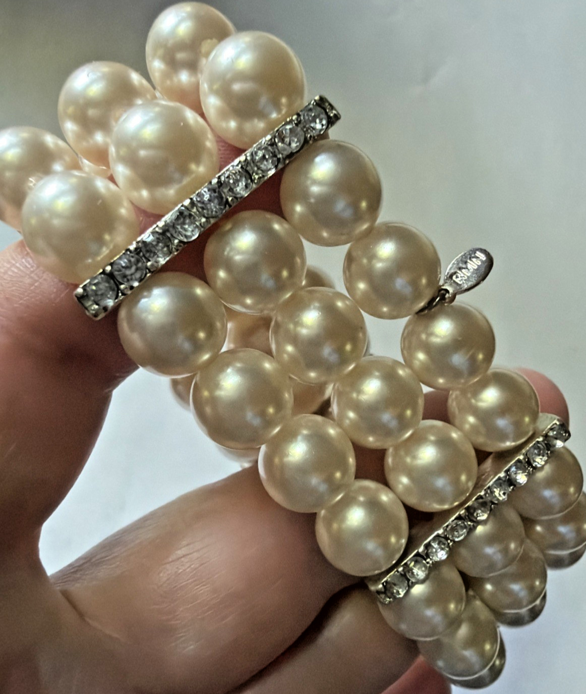 3 Strand Faux 1cm Pearl Rhinestone Stretch Bracelet RMN Signed Roman 1.25 in