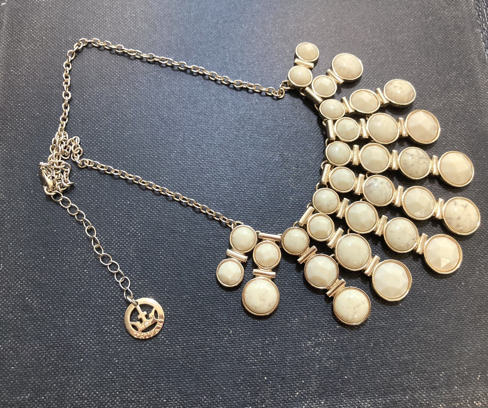 Vintage Crown Trifari Ivory Gold Tone Statement Necklace Crown Charm 90s