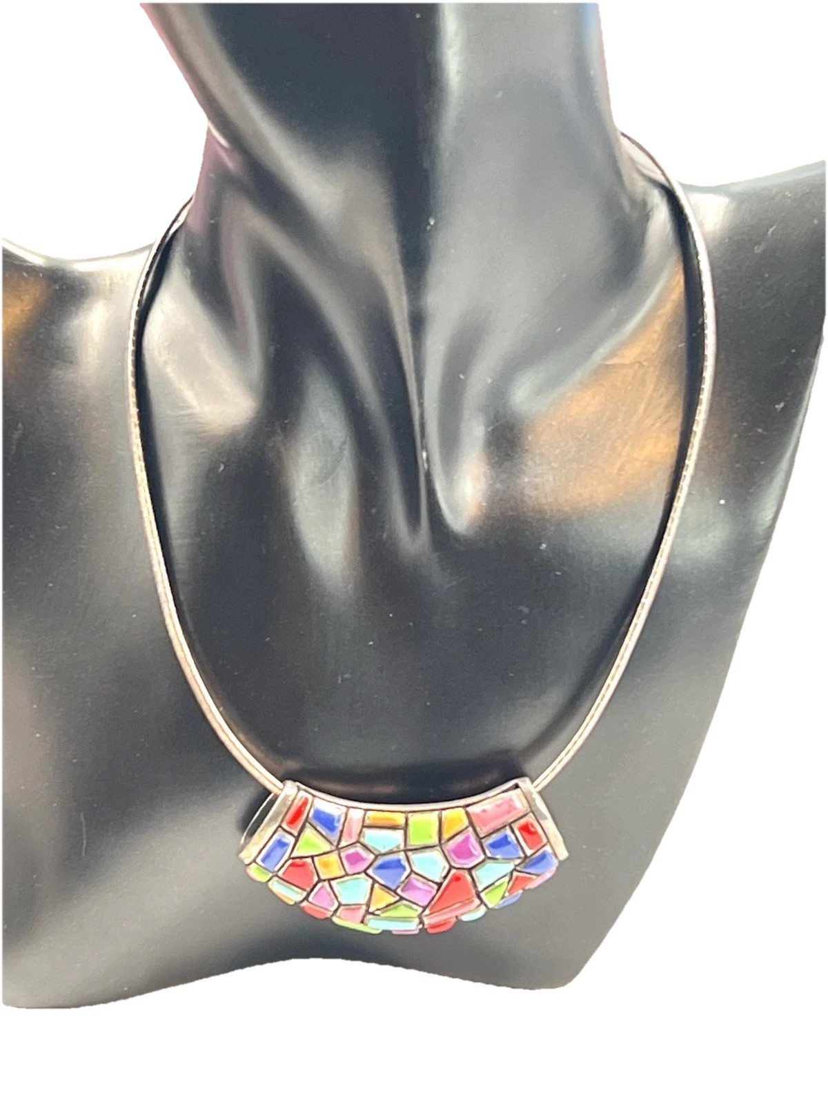 Sterling Silver Mosaic Pendant Necklace Multicolor Inlay Vintage