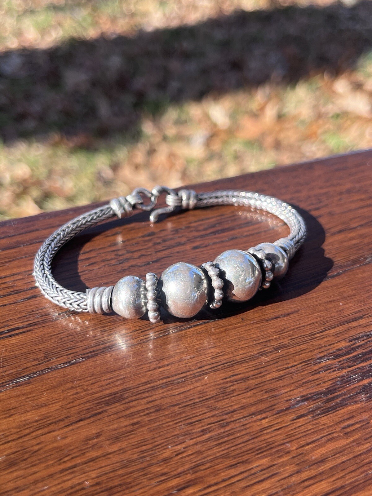Vintage Sterling Silver Wheat Link Beaded Bracelet