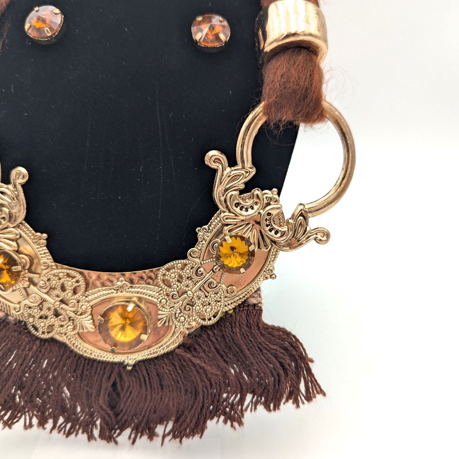 Vintage Victorian Revival Necklace Handmade Macrame Beaded Gold Egyptian Amber