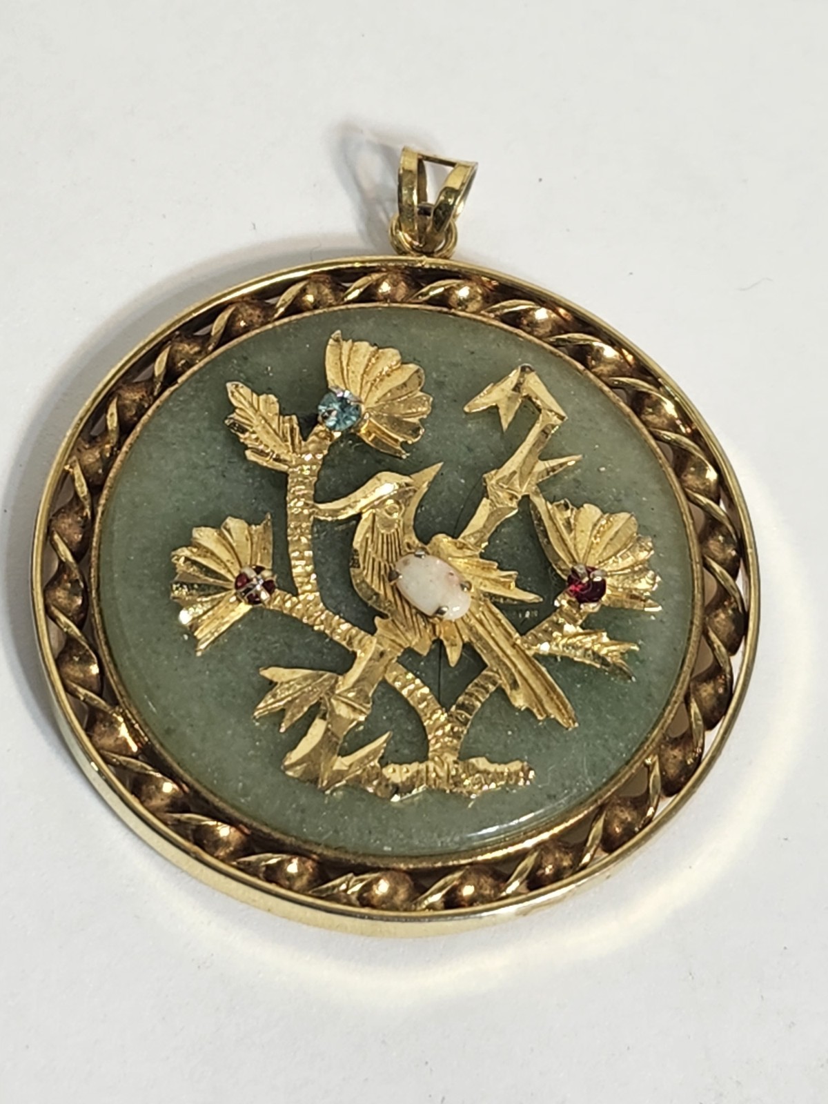 VTG Chinese BLESSING Gold Filled & Jade Pendant Bird In A Tree w/Gems ALMOST 2″W