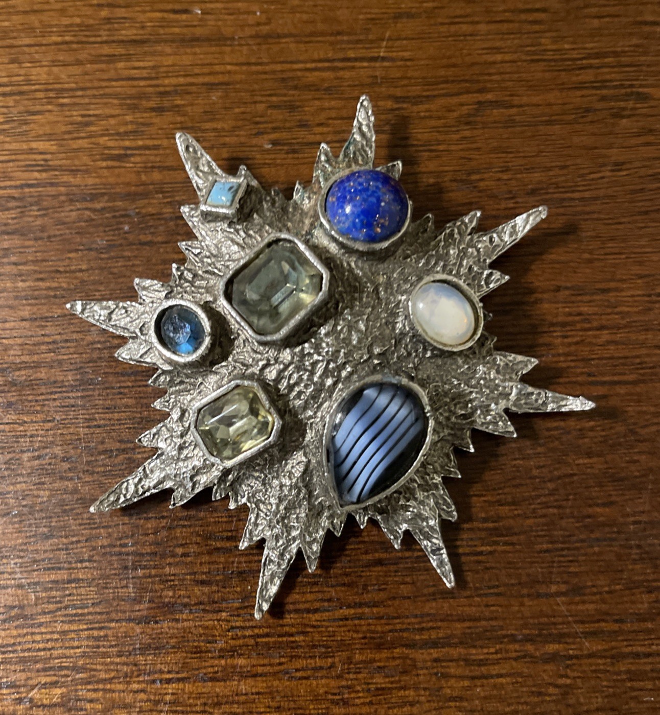 Vintage Brooch / Pin Lot (7) Silver Toned Blue Rhinestones Enamel Cabochon GUC