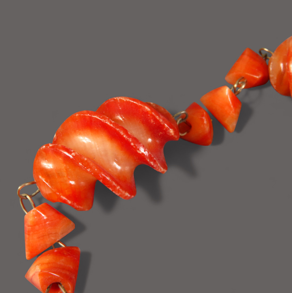 Vintage CARVED ORANGE CORAL NECKLACE Gold Filled BEADED TASSEL PENDANT Spirals