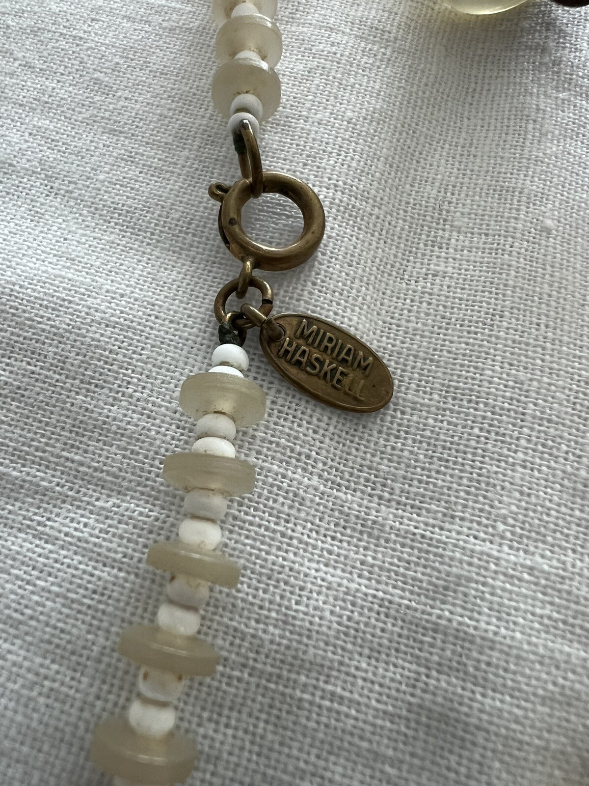 Vintage MIRIAM HASKELL Seed Bead, Wood and Lucite Disc Necklace Signed 19″ Long