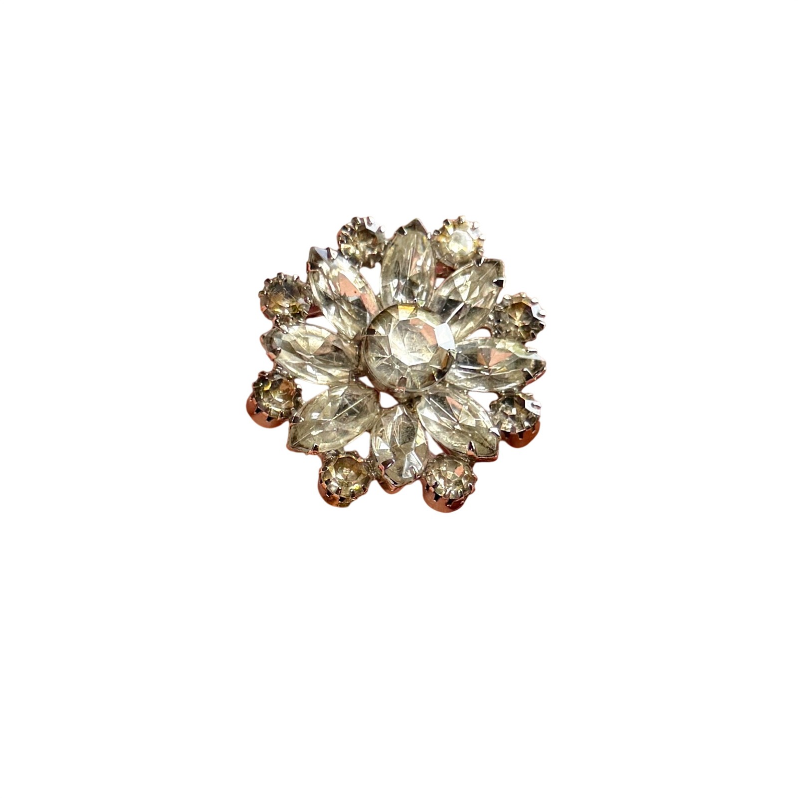 Vintage Austrian Glass Floral Brooch: Clear Topaz Stones, 1.5″ Statement Jewelry
