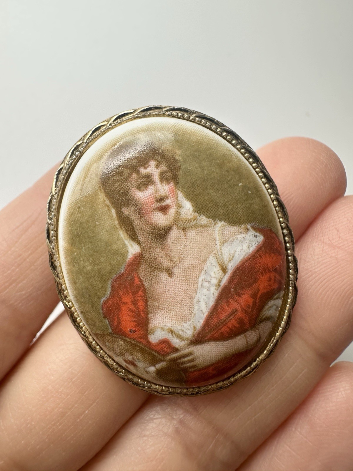 Vintage Hand Painted Portrait Of Lady Brooch Pin