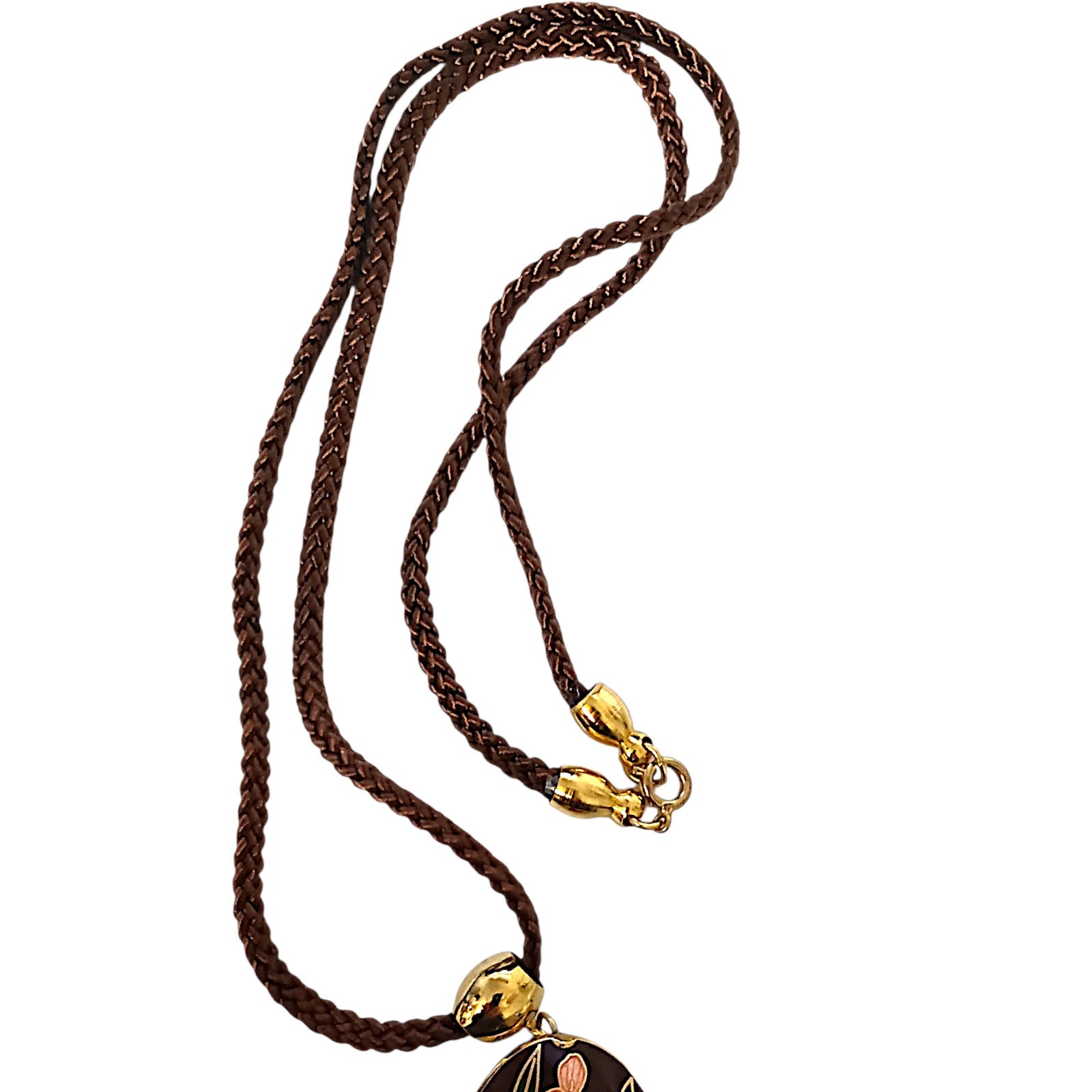 Vtg Butterfly Cloisonne Necklace 70s Pendant Tassel Woven Cord Brown Dual Sided