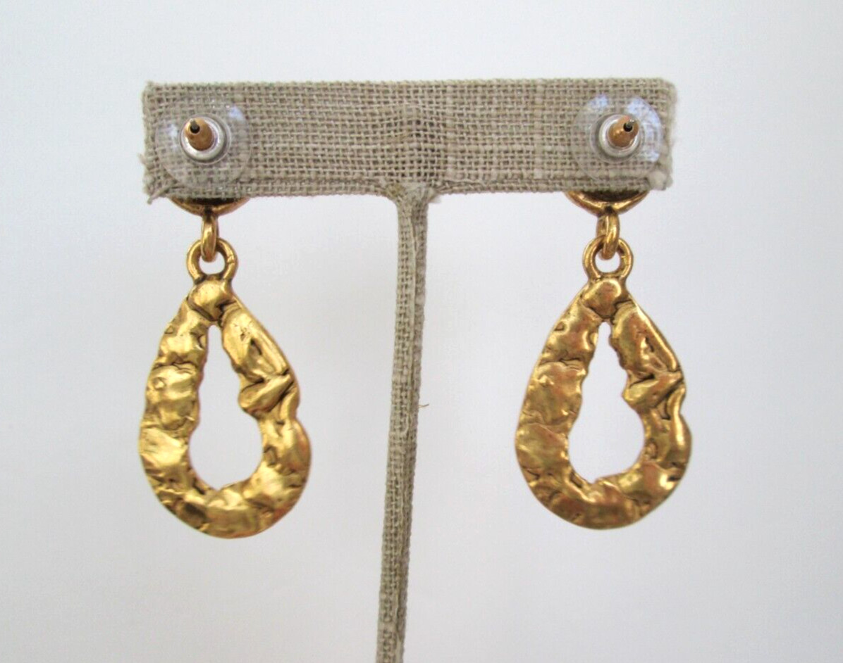 Textured Brutalist Dangle Drop Hoop Earrings Gold Tone Stud 2″