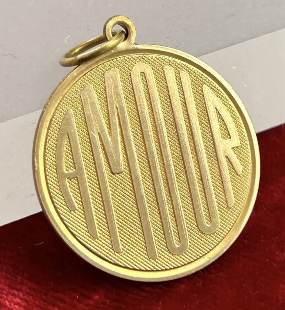 Vintage French Love Charm Amour Medallion Pendant Brass Metal Jewelry Gift