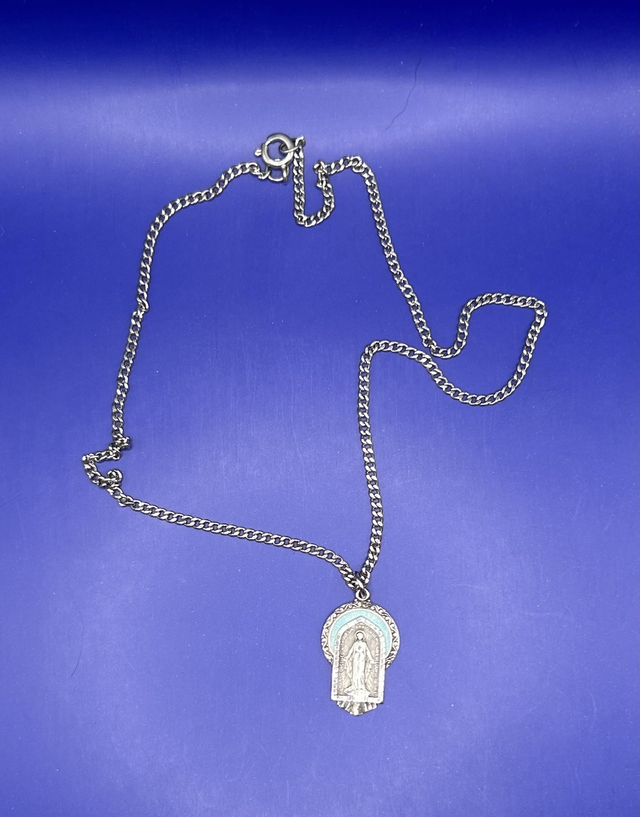 Antique Virgin Mary Pendant And Neck Chain. Sterling Silver with enameling.