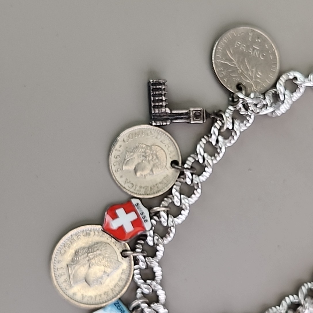 Vintage Coin Charm Bracelet Sterling Silver Plated Souvenir England France Franc