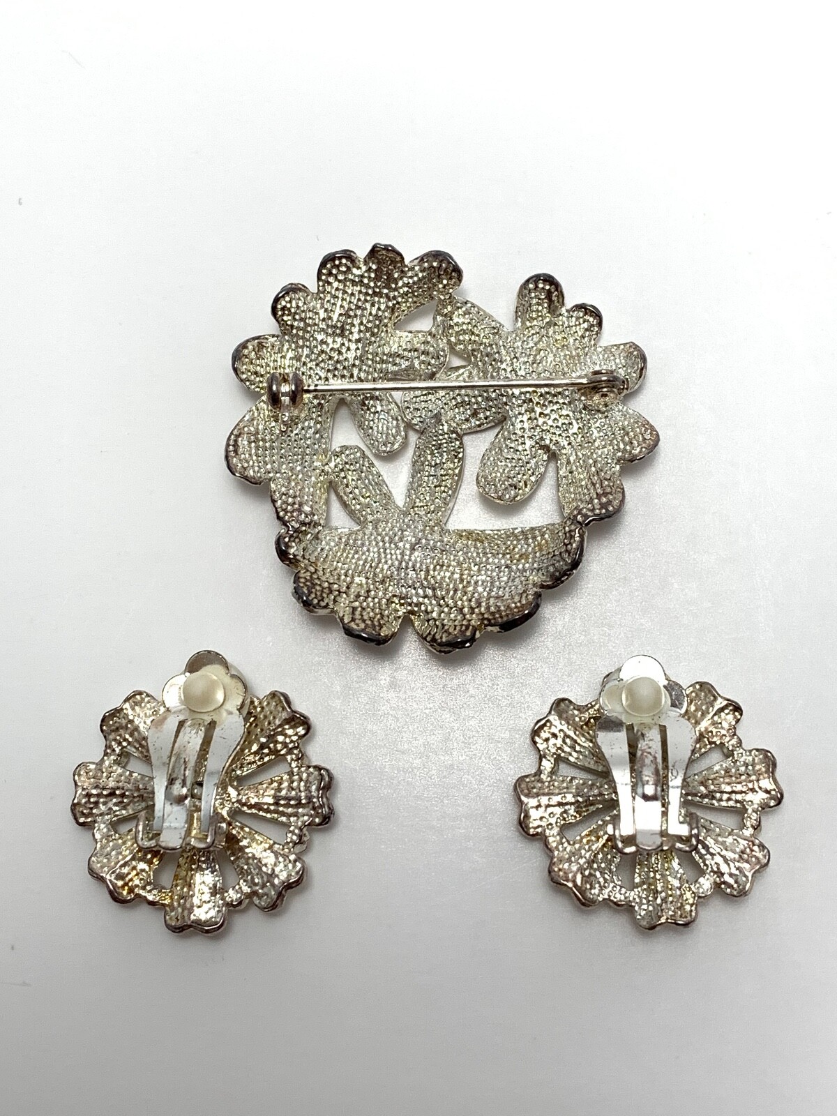 Vintage Silver Tone with White Stone Floral Brooch with Matching Clip Earrings