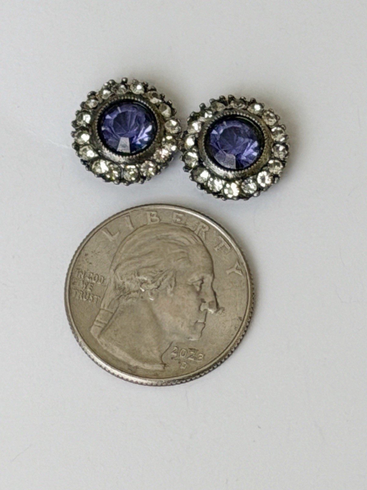 Vintage Purple Rhinestone Halo Stud Earrings, Silver Tone Round Faceted Crystal