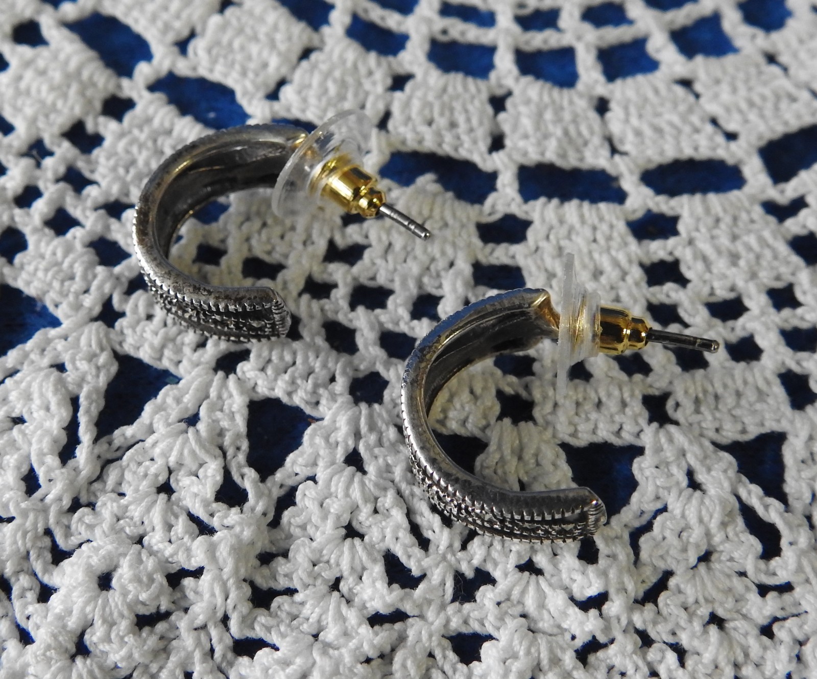 Vintage Signed CW 925 Sterling Silver Marcasite Half Hoop Pierced Earrings 4.1G