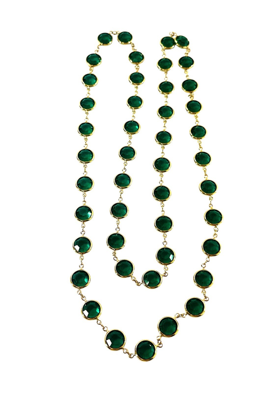 Long Gold Tone Emerald Green Crystal Station Necklace Faceted Bezel Set 36”