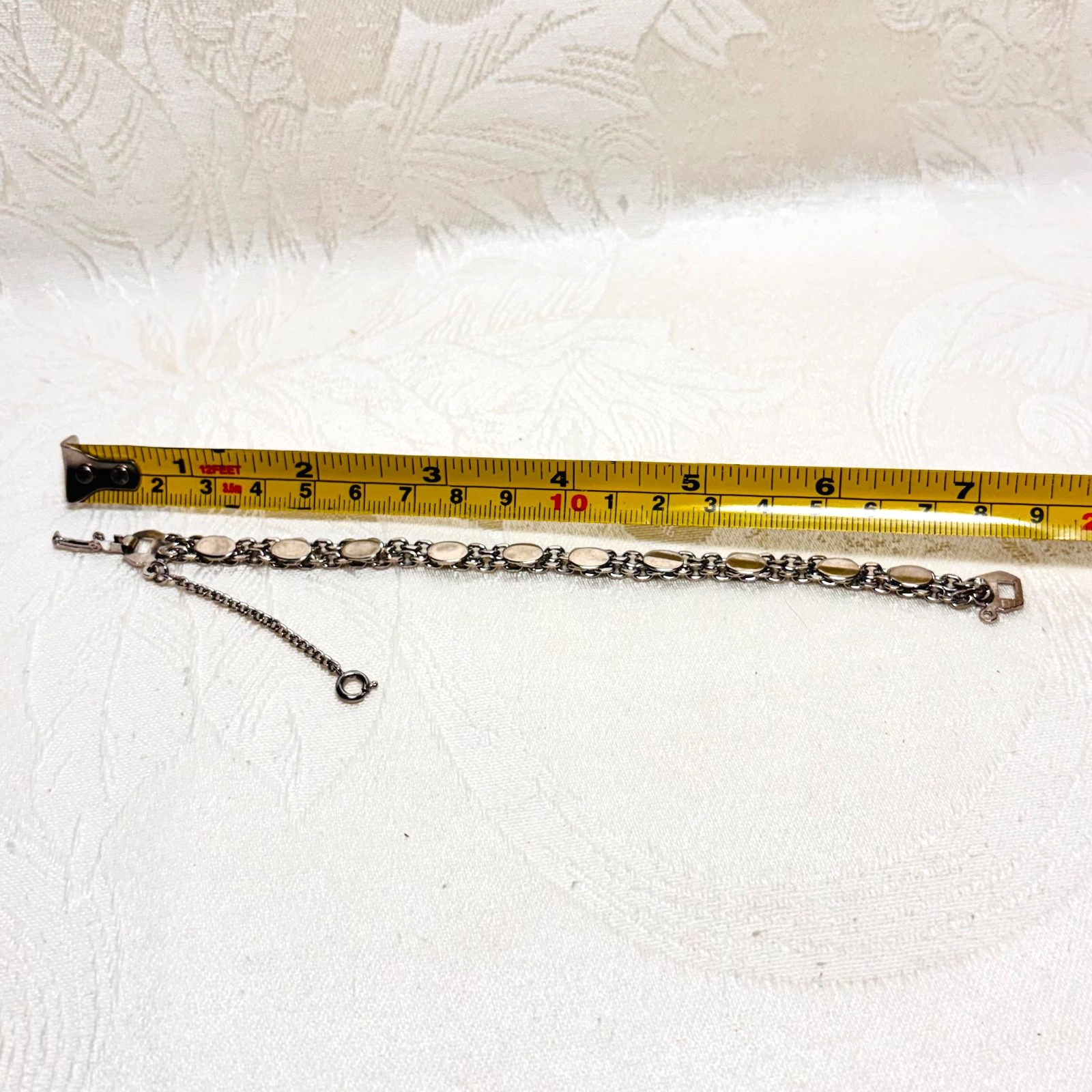 BRACELET charm oval blank silvertone metal cable chain safety fold clasp vintage