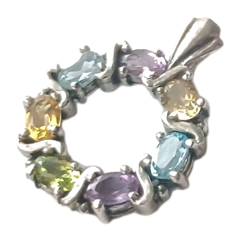 DBJ MULTI-GEMSTONE WREATH PENDANT 925 STERLING SILVER Peridot,Amethyst,Topaz,et