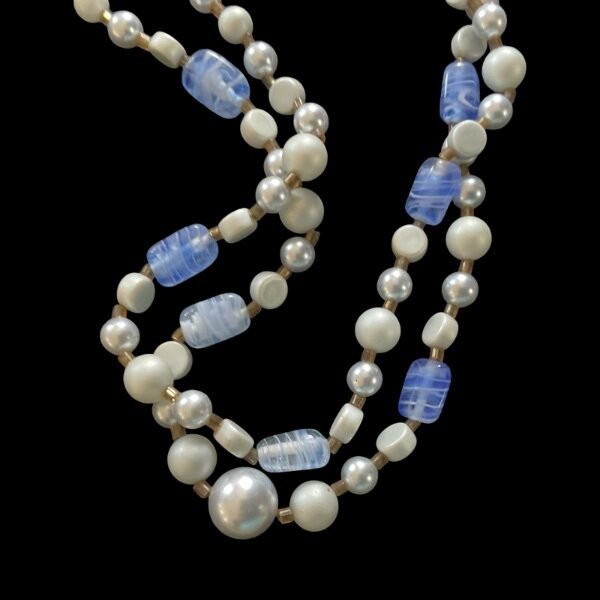 Vintage Double Strand Grey Pearl and Blue Swirled Lucite Bead Necklace