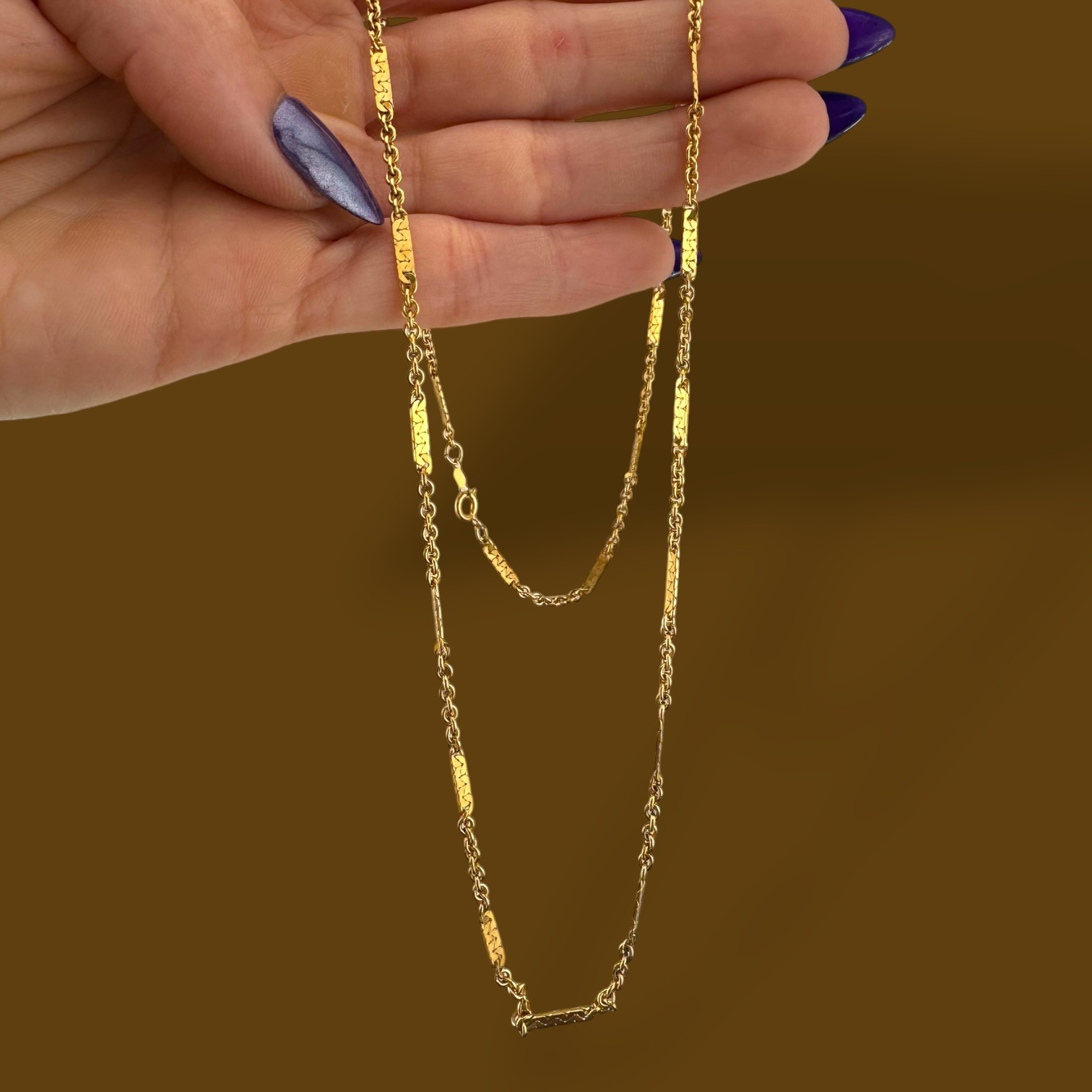 Vintage 1/20 12K Gold Filled Bar Link Chain Necklace 24″ Textured Stations 2.3mm