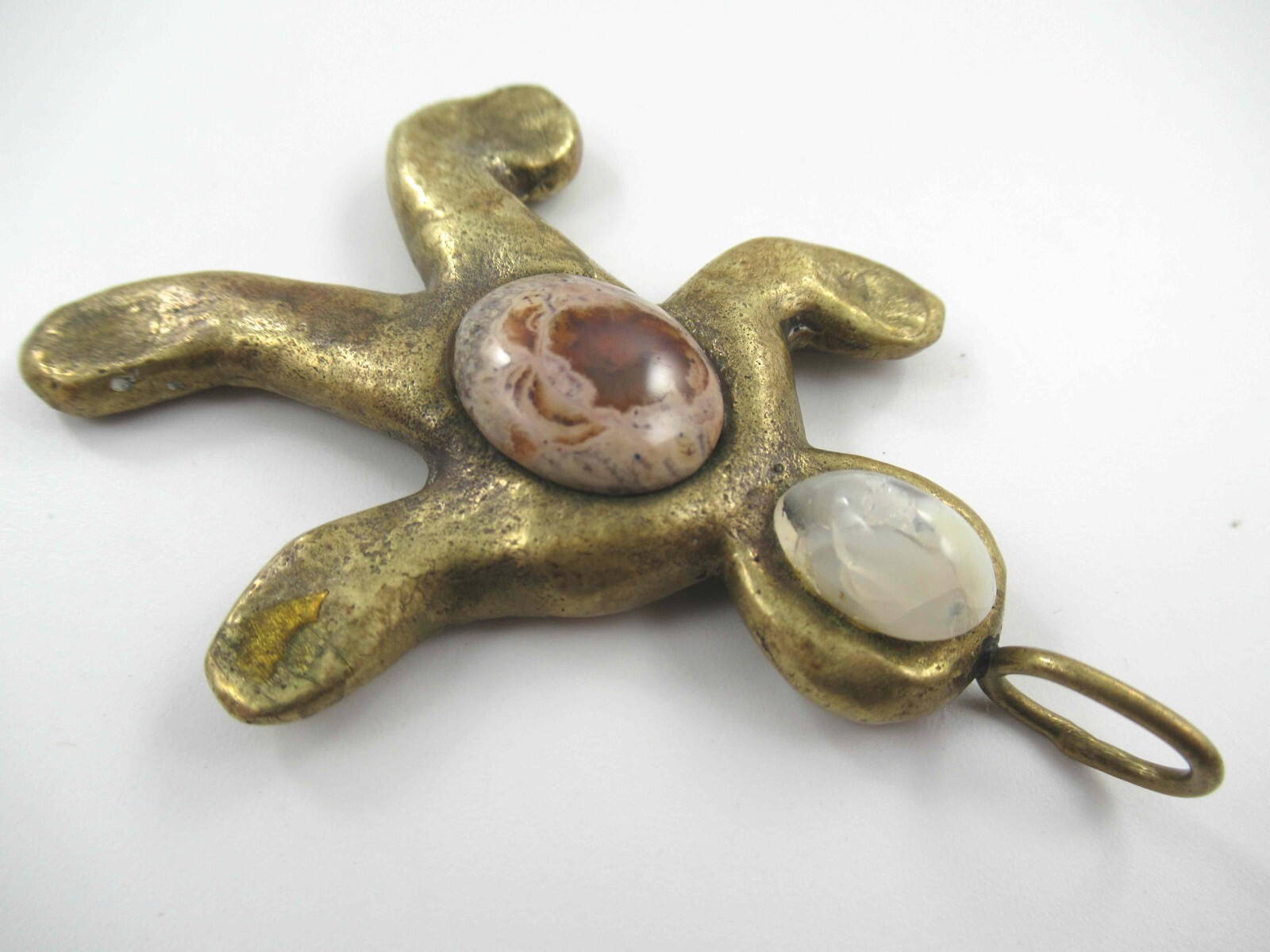 Brass Tone Figural Person Pendant w/ Stone Cabochons
