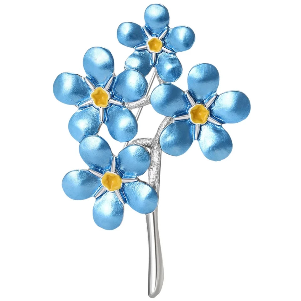 Vintage Enamel Forget Me Not Flower Brooch Blue Bouquet Pin Silver Jewelry Gift