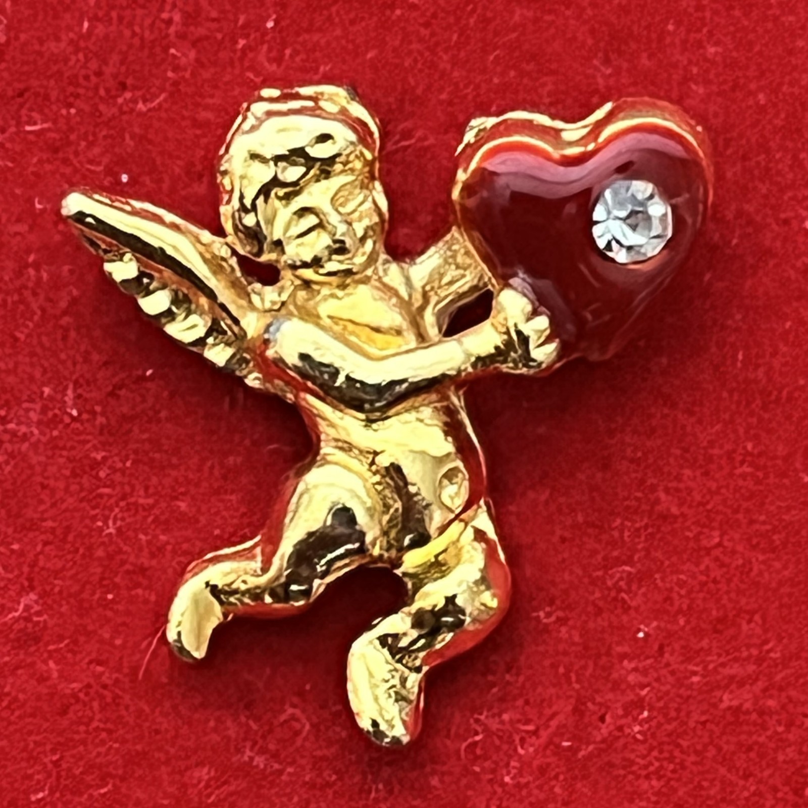 Guardian Angel Heart Rhinestone Shiny Gold-tone Brooch Pin.