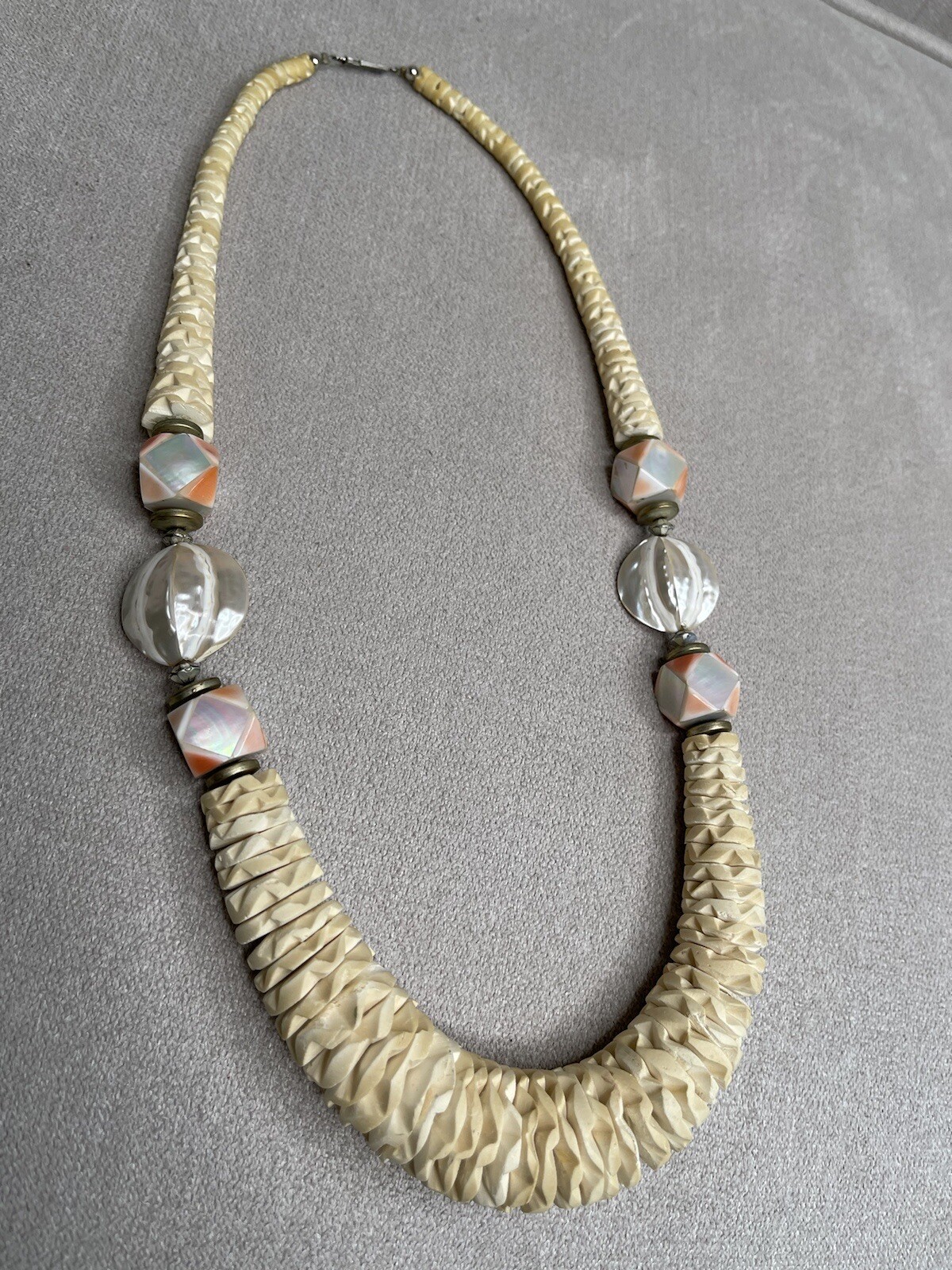 Vintage Mid Century Large Statement Necklace Chunky Boho Shell Hand Carved
