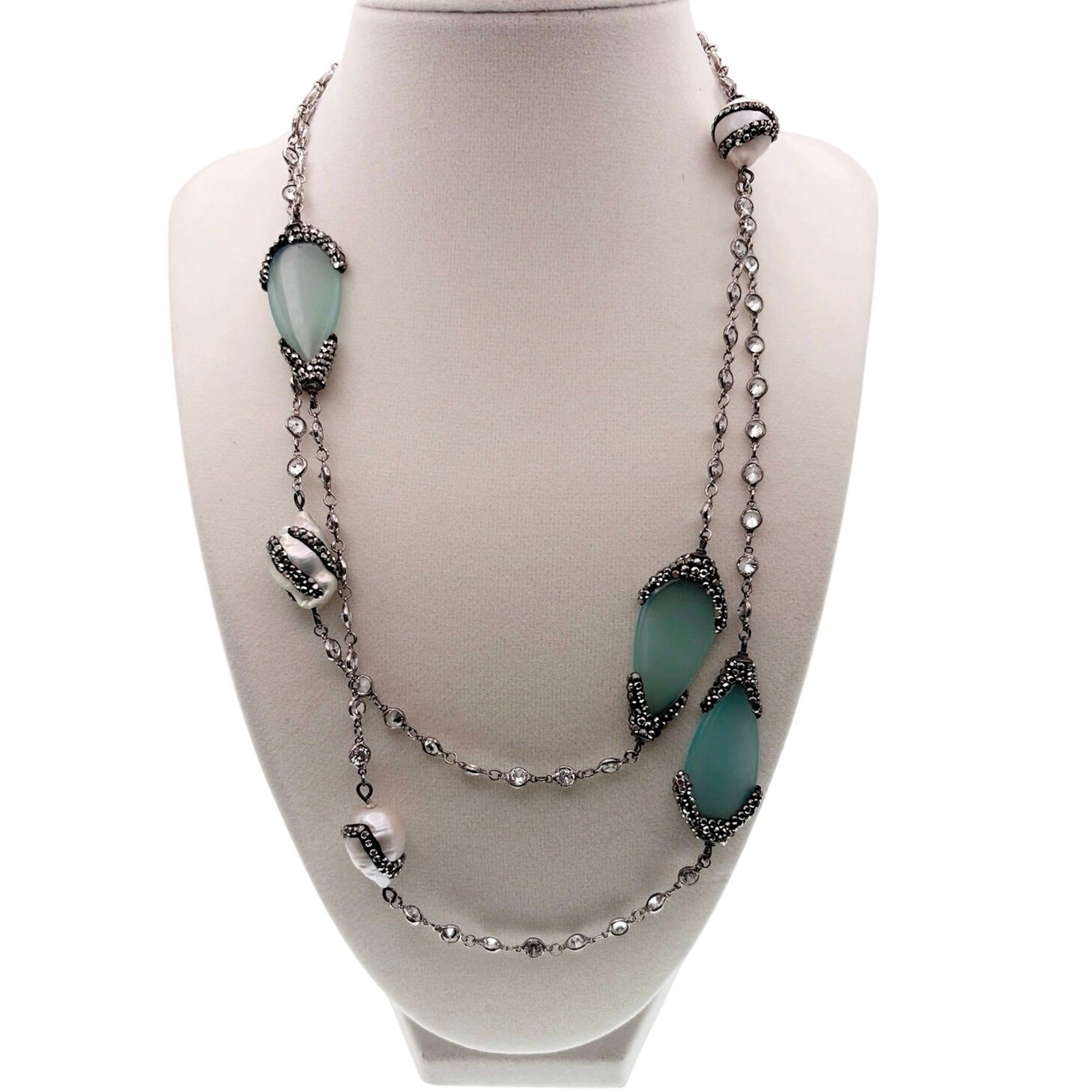 Sterling Silver Necklace Chalcedony Charms and Fresh Water Pearls 40”
