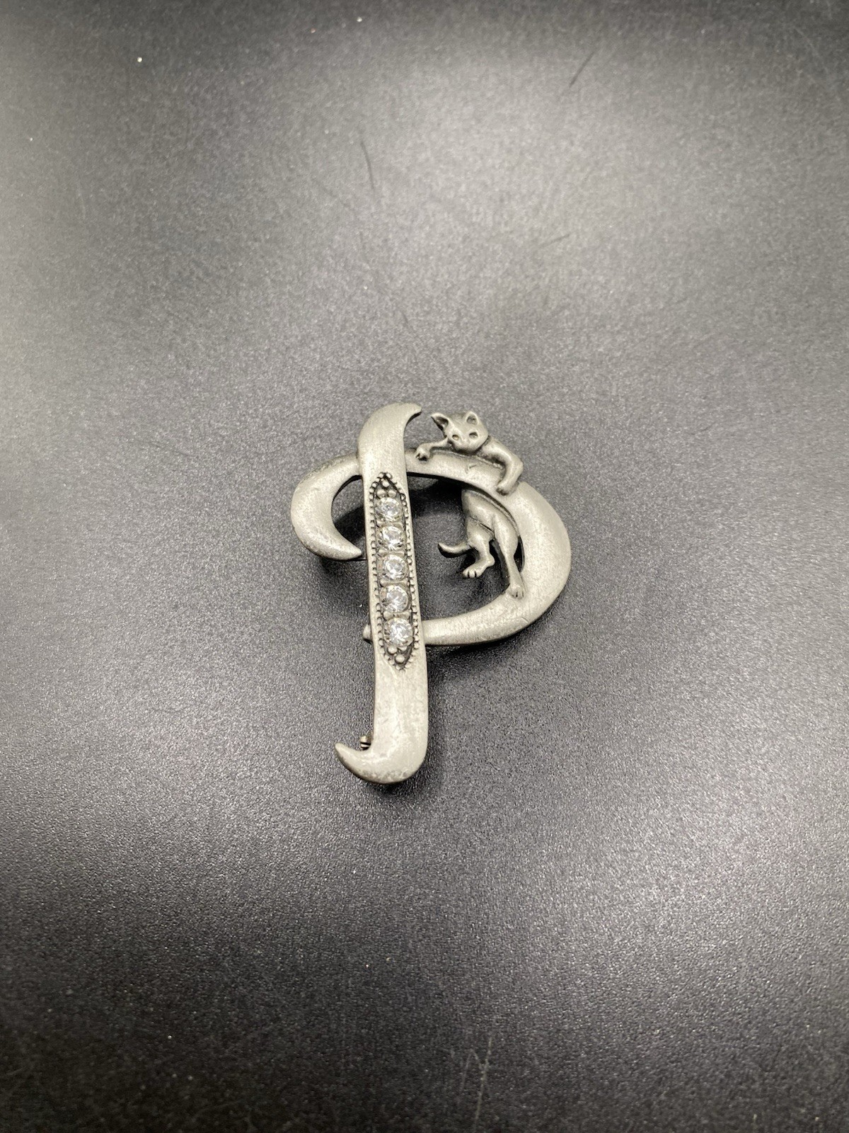 Vintage Rhinestone JJ Signed Initial P Cat Brooch Letter Jonette