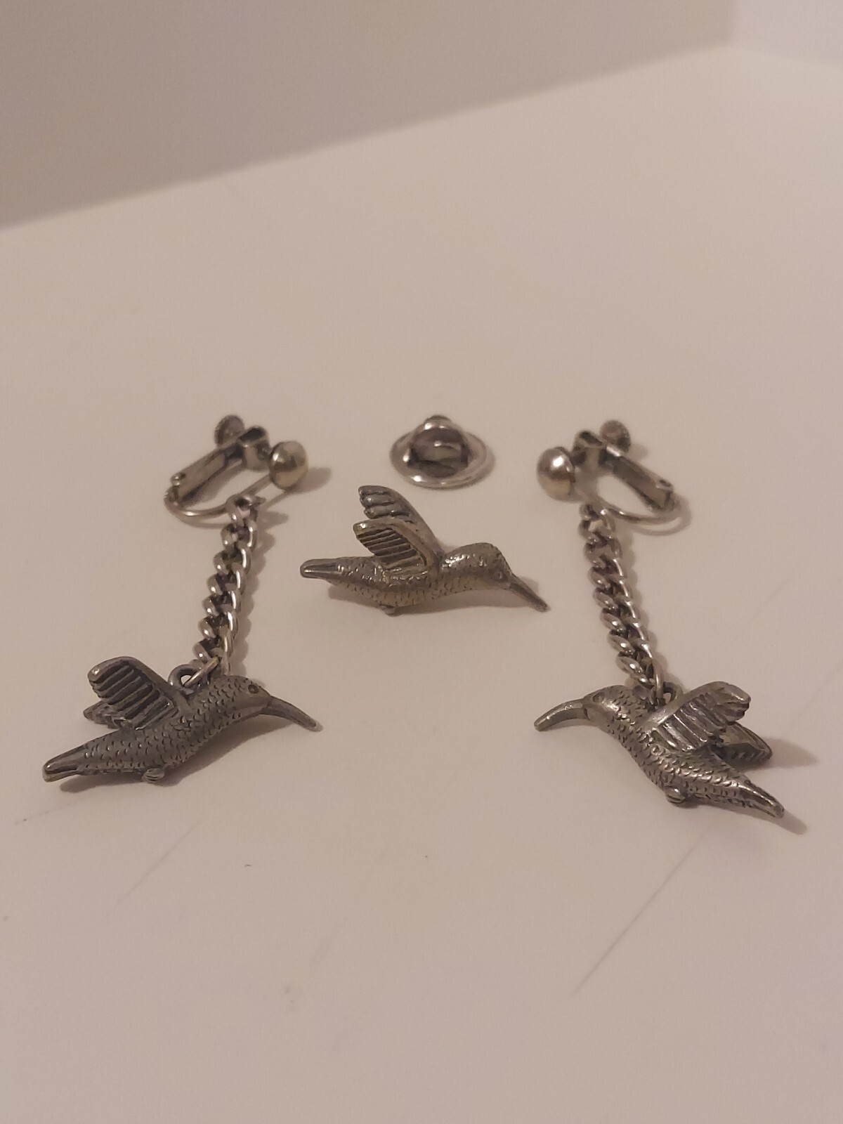 Hummingbird Pewter Dangle Screwback Clip On Earrings And Pin By Clift