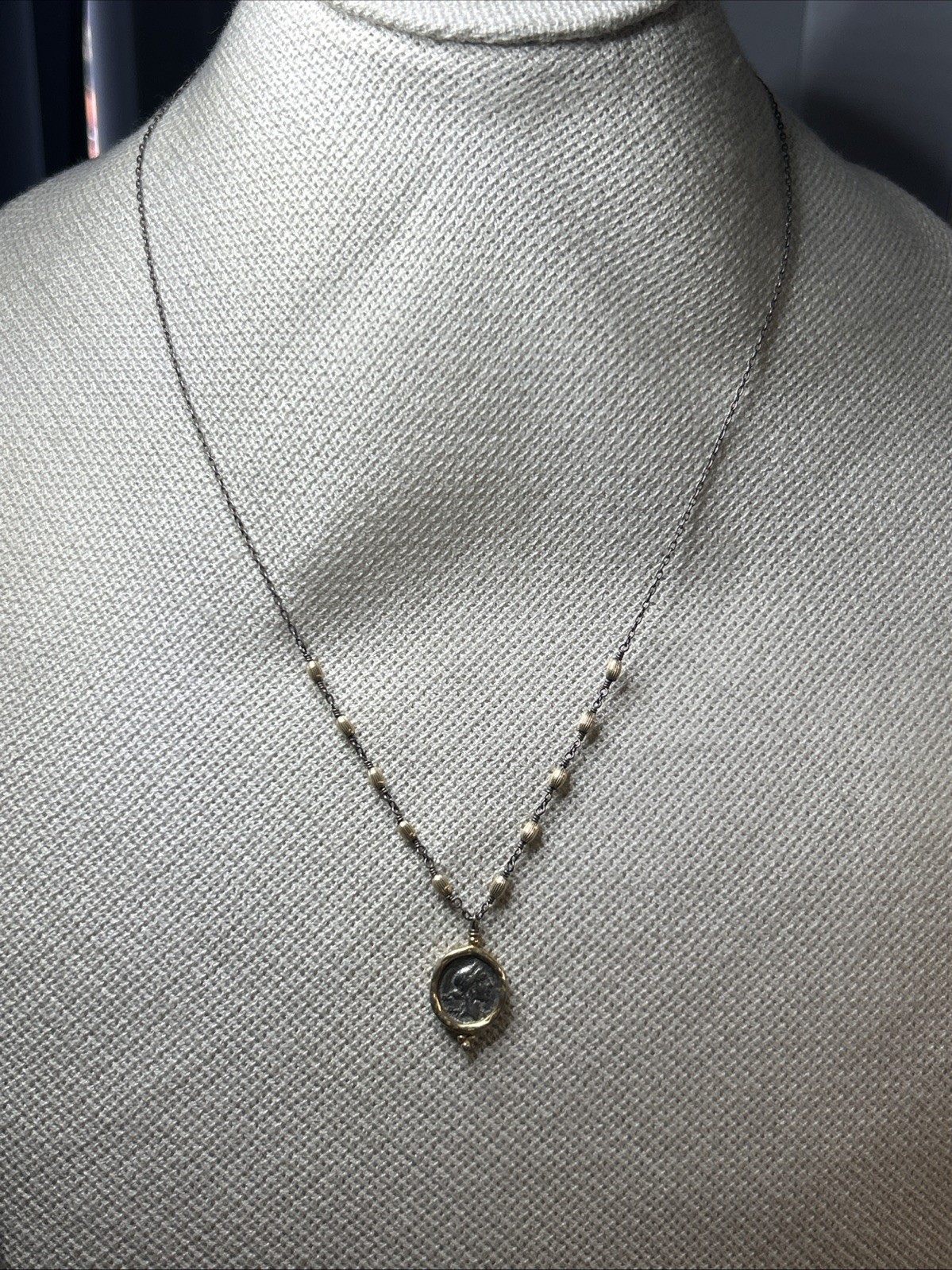 56. Vintage G.F. 925 chain Ancient Coin Replica Statement Necklace 22+”, 6.9g