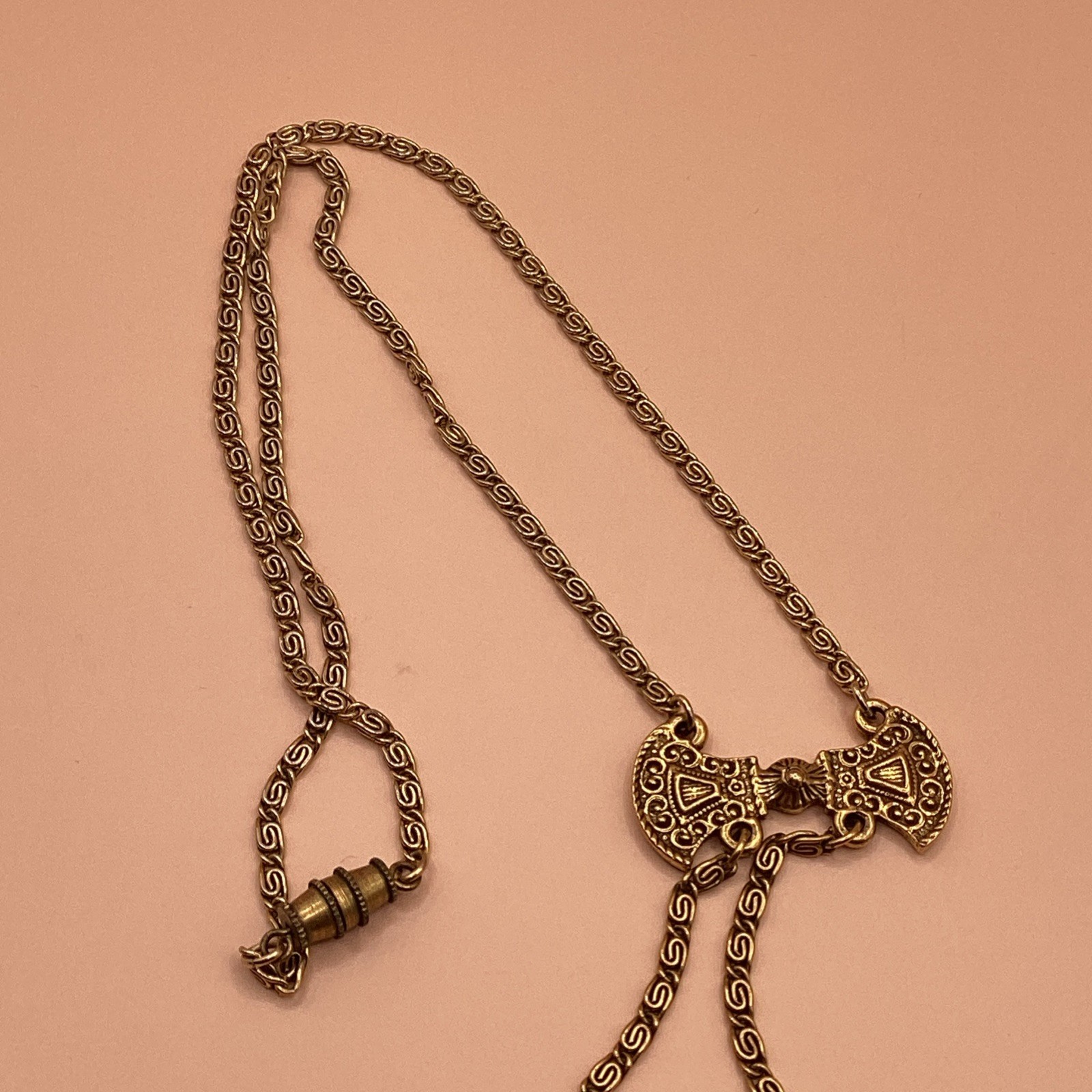 Victorian Revival Gold Tone Pendant Necklace W/ Black Oval Cameo Hand Painted