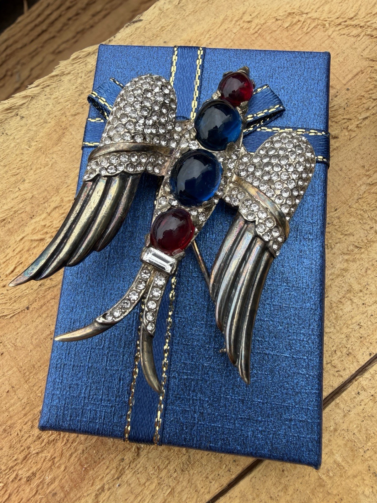 Crown Trifari Signed Huge Bird Brooch Pin Red Blue Glass Stone Rare
