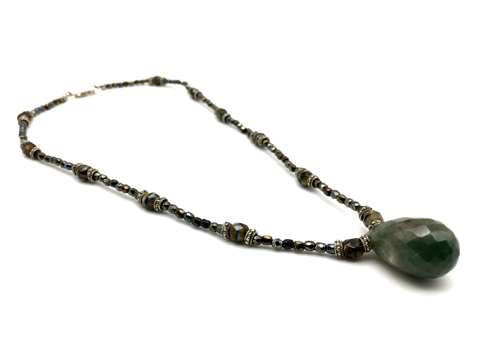 Vintage Blood Stone Pendant Crystal Hematite Czech Beads Sterling 16″ Necklace