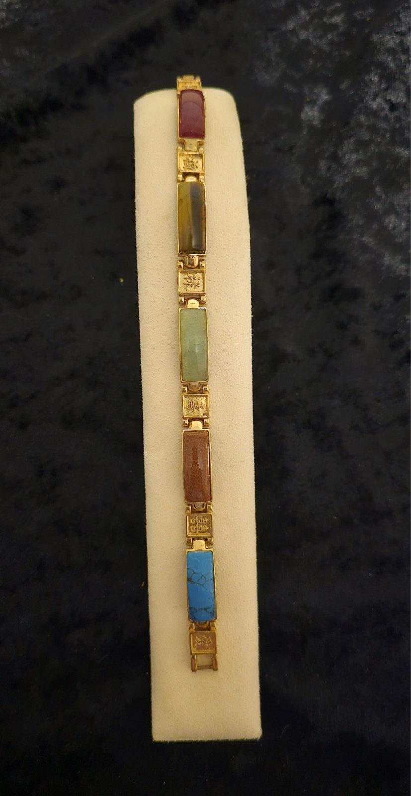 Vintage Chinese Jade Turquoise Tigers Eye Gold Tone Link Bracelet 7.5″ READ
