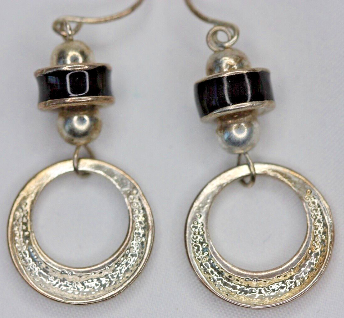Silver Tone Black Enamel Dangle Drop Hoop Earrings